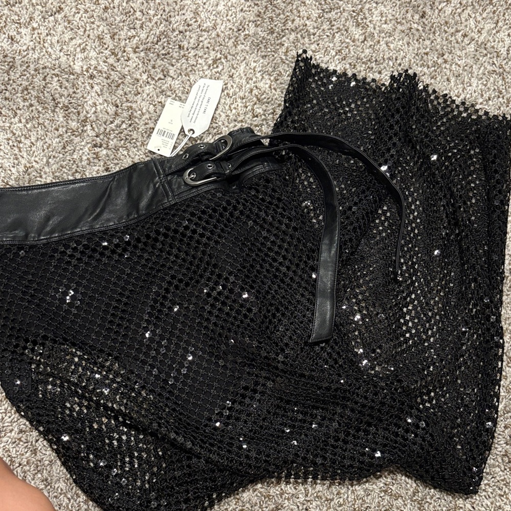 Anthropologie Black Mesh Sequin Mini Skirt